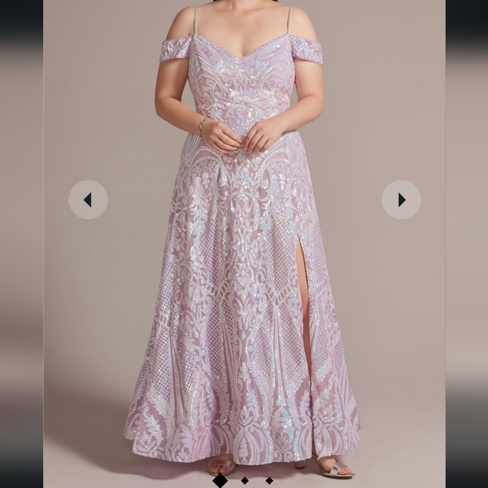 Jules and Cleo David's Bridal off-the-shoulder patterned a-line with slit